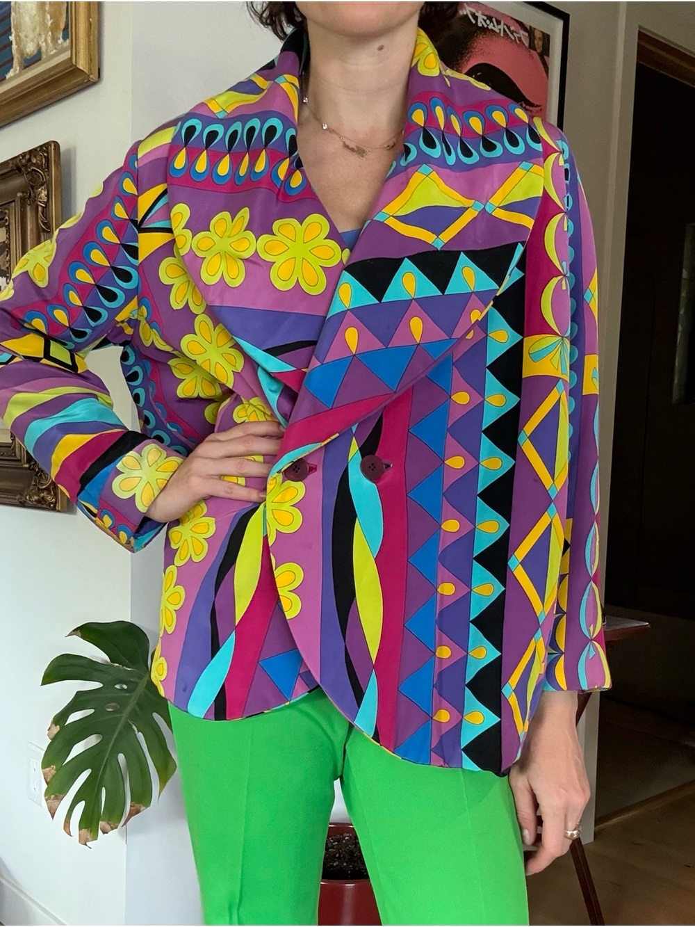 Averado Bessi Italian Pure Silk Geometric Floral Pattern Blazer